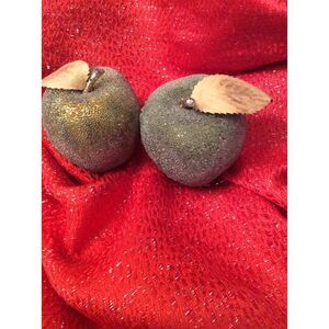 2 Frosted Sugar Beaded Faux Fruit Green Apple 3" Vintage